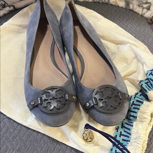 Tory Burch Blue Suede Flats with Logo Detail
